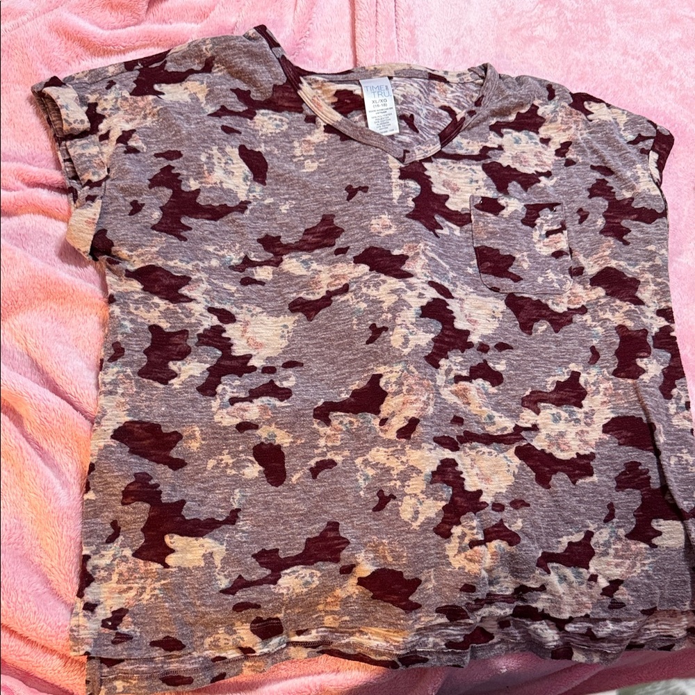 Time and Tru Maroon and Beige Camouflage Top